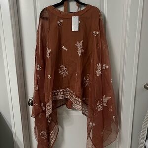 Embroidered Sheer Orange Poncho Pakistani Dress